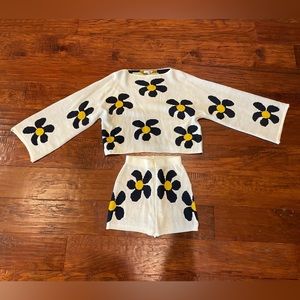 knit sweater and shorts set in white cream navy flower design fashion nova